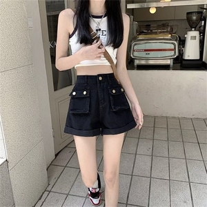 韩版复古百搭高腰阔腿牛仔短裤女2025春夏季工装口袋宽松显瘦短裤图片