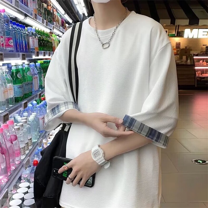 C355-P202024夏季新款假两件短袖港风ins潮流拼接宽松体恤现货,男装T恤,星座512-6