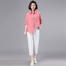 纯色单口袋POLO领单排扣中袖衬衫女2022夏季宽松百搭通勤纯棉衬衣，女装套装/套裙，奕阳依阁