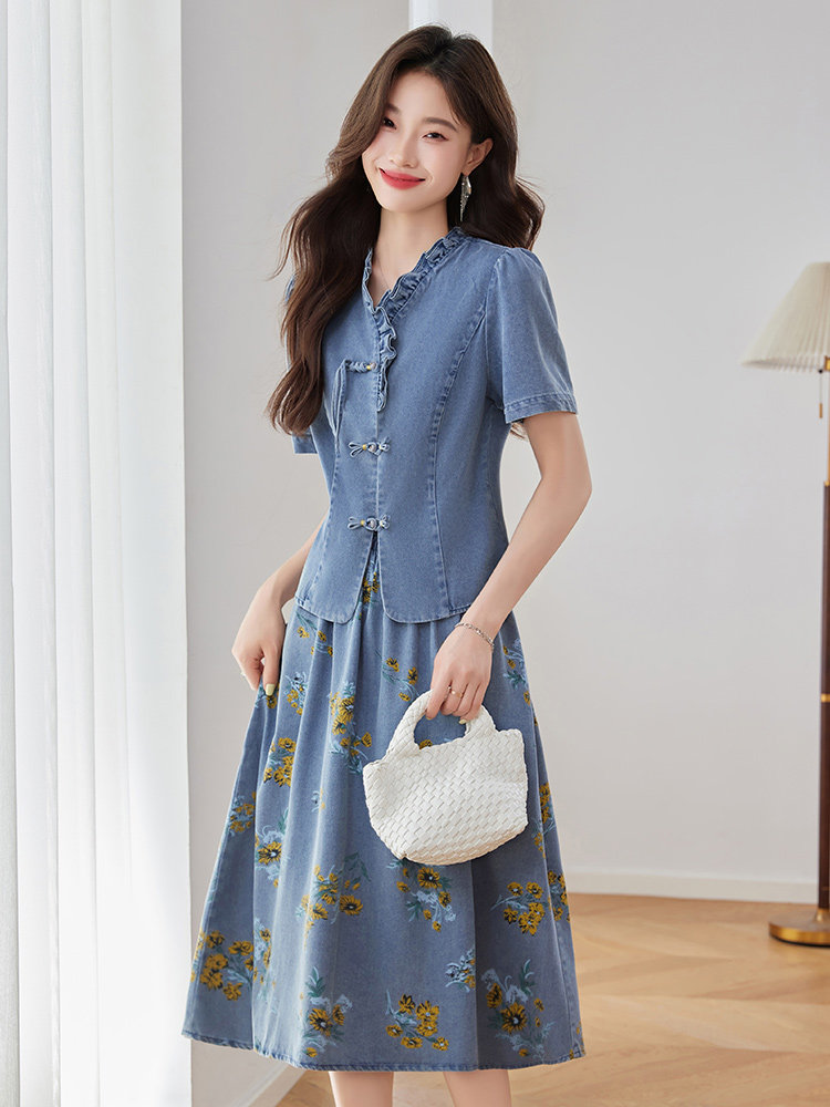 夏装薄款休闲牛仔套装裙女2025新款时尚通勤气质显瘦高级套两件套,女装套装/套裙,伊航服饰