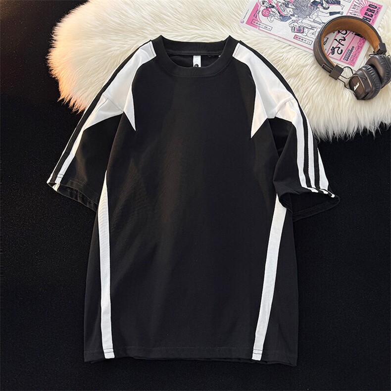 复古撞色拼接条纹t恤潮牌插肩袖黑色短袖男夏季25XT77227特批25，男装T恤，电商A042