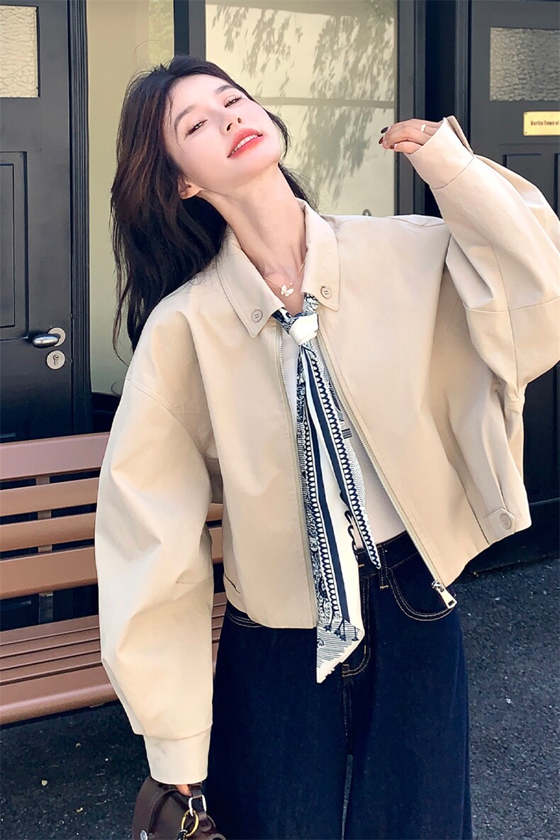 超火爆款丝巾翻领短外套女2025秋季新款宽松休闲减龄显瘦夹克上衣,女装短外套,2C007