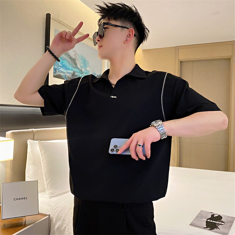 AT201/P55控75夏季社会小伙潮流POLO衫设计感拼接短袖T恤男黑首,男装Polo衫,星座305B-1