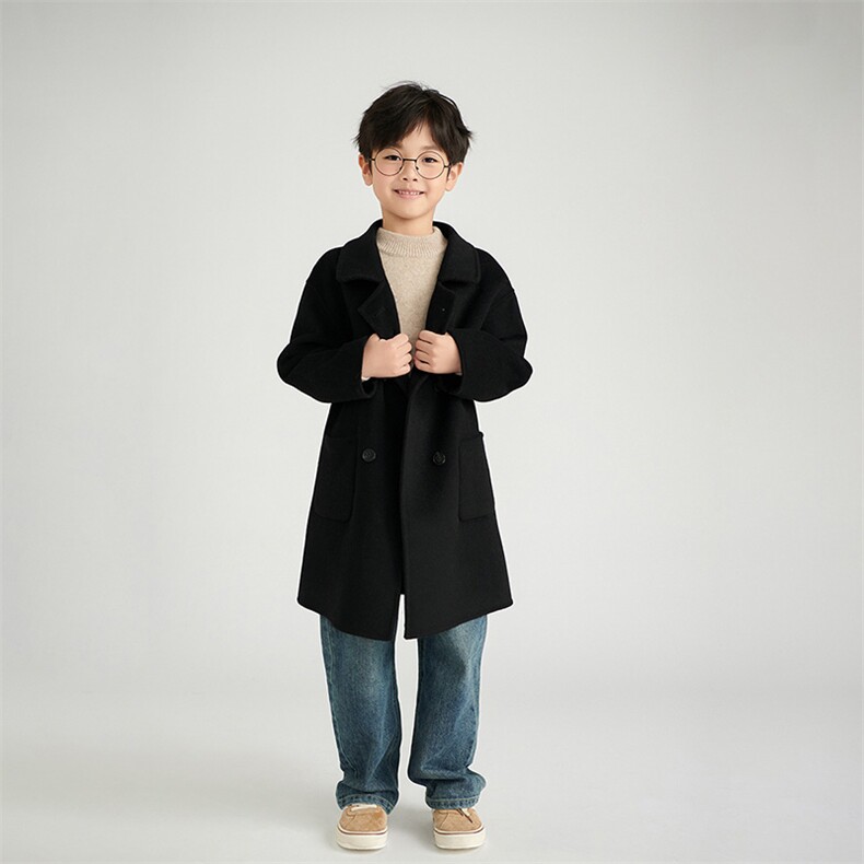 时尚保暖儿童羊毛大衣经典黑色长款设计男女童皆宜，童装外套，鑫贝羊绒