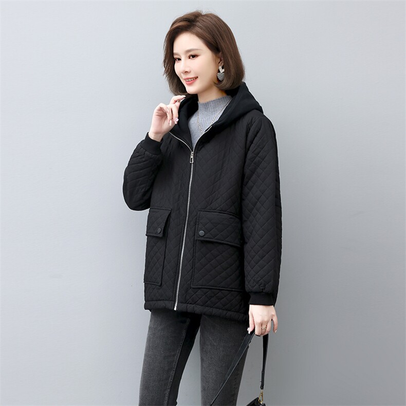 2024冬季拼接连帽时尚休闲夹棉加厚保暖舒适外套,女装棉衣/棉服,独衣靓