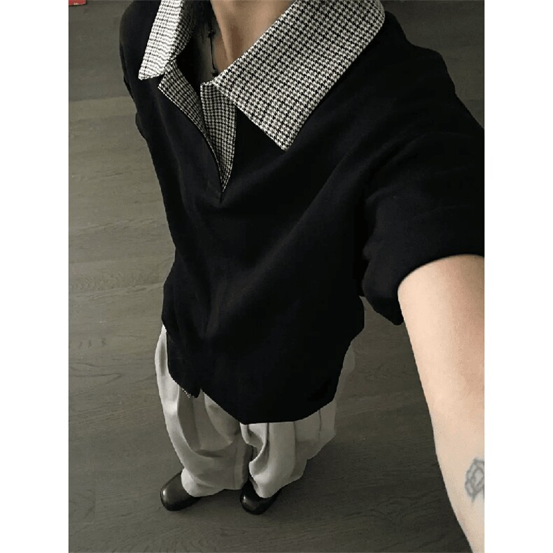 得物抖音高品质二开夏季美式潮牌假两件格子衬衫翻领高街短袖T恤,男装T恤,电商A486