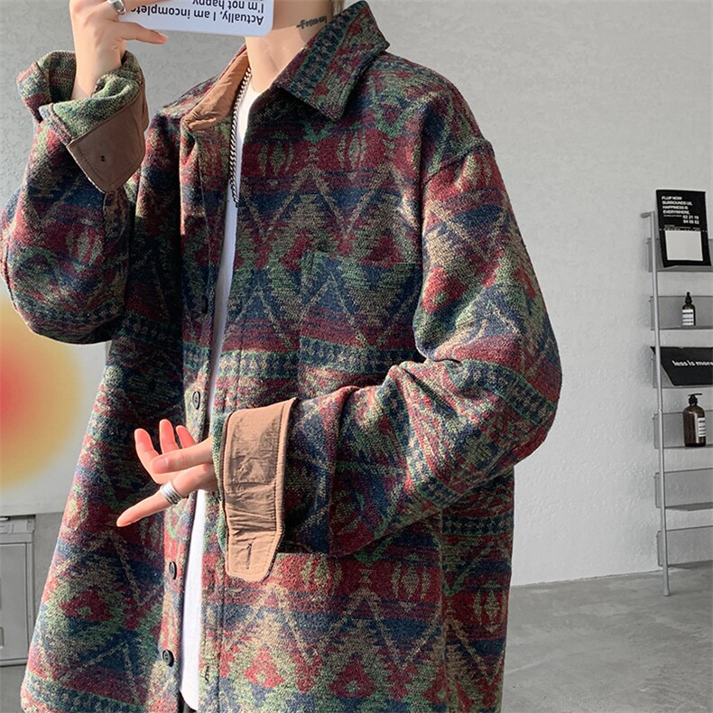 8XL-M复古大码民族风衬衫男款秋冬季加厚粗呢藏式外套CS29001P68，男装衬衫，电商B312