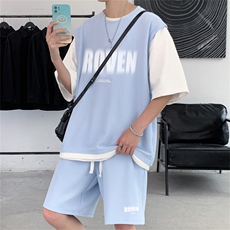 假两件球服短袖T恤男套装潮牌夏季半袖上衣短裤一套TZ0260-P50，男装休闲套装，星座308B-1