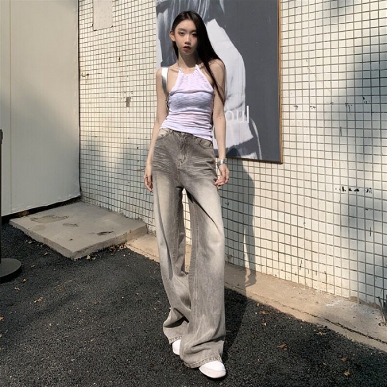 美式复古灰色阔腿牛仔裤女春秋垂感高腰小个子宽松显瘦直筒拖地裤,男装牛仔裤,星座506A