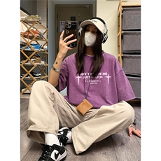 中性风水洗做旧美式夏季T恤男女学院风学生短袖翅膀印花，男装T恤，电商C306-1