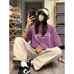 中性风水洗做旧美式夏季T恤男女学院风学生短袖翅膀印花图片