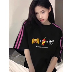 抖音得物品质二开240克宽松纯棉美式潮牌印花三条杠中性风短袖T恤，男装T恤，电商A486