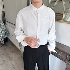 痞帅刺绣立领衬衫男长袖轻熟风男装春秋季垂坠感休闲衬衣CA691，男装衬衫，星座1116A-2（原606A-1）