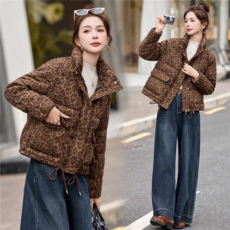 豹纹羽绒服女2025秋冬新款短款小个子韩版显瘦超好看立领加厚外套,女装羽绒服,拾衣
