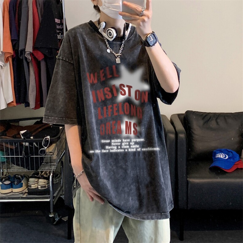 水洗做旧星星短袖t恤男夏季美式复古欧美高街潮牌hiphop重磅半袖图片