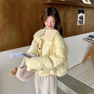 韩系黄色针织拼接翻领羽绒服女冬超火好看高级小众保暖加厚短外套图片