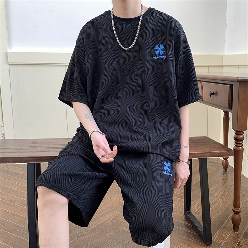 2023夏季休闲透气大码刺綉T恤短裤运动套装XZ80007-P65,男装休闲套装,电商A042