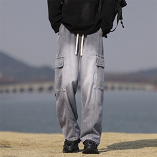 【现货】秋季新款美式复古工装口袋拼接宽松阔腿裤牛仔男816-P50，男装牛仔裤，星座1006