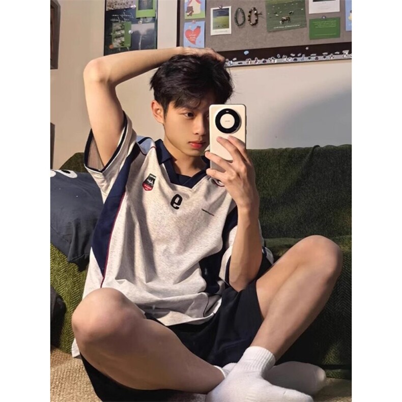 美式高街球衣运动翻领POLO衫男夏季宽松拼接撞色百搭短袖T恤上衣,男装Polo衫,四季星座505