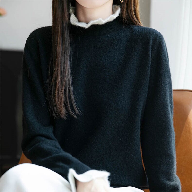 法式高端48支100纯羊毛衫女半高领长袖针织打底毛衣2025新毛衫,女装羊毛衫,越洋羊