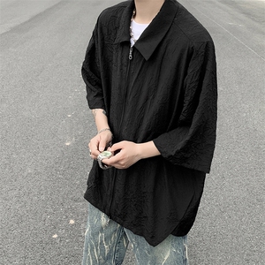 褶皱纹理解构拉链翻领黑色cleanfit短袖衬衫男高级感休闲上衣男潮图片