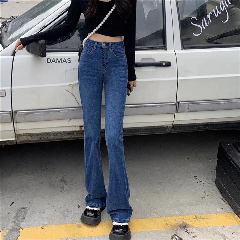 新款修身显瘦牛仔裤女古着复古显腿长微喇叭裤子,女装牛仔裤,中性港风女装