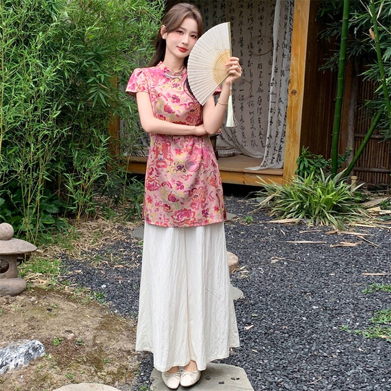 新中式g风套装女2026夏季流行复古印花盘扣旗袍上衣阔腿裤两件套,女装套装/套裙,心心服饰