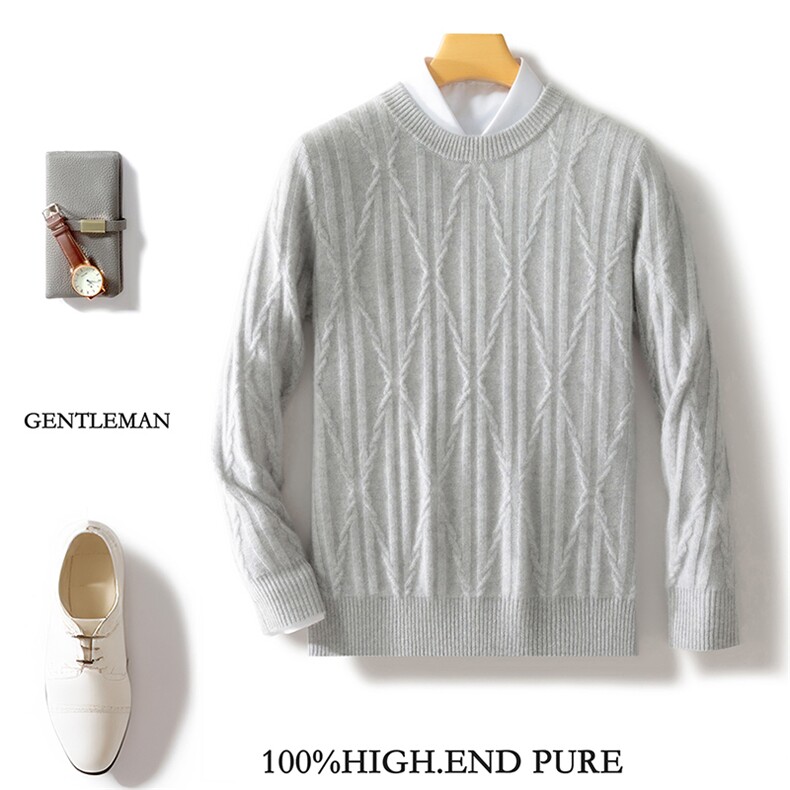 2025秋冬100%纯羊毛衫男圆领扭花加厚毛衣宽松羊绒衫针织打底上衣，男装羊毛衫，邓利维