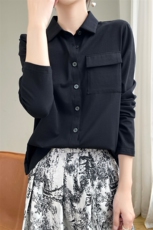 女士休闲减龄文艺纯色百搭青春开衫2025春季新款翻领系扣纯棉衬衣，女装衬衫，宛庄羊绒