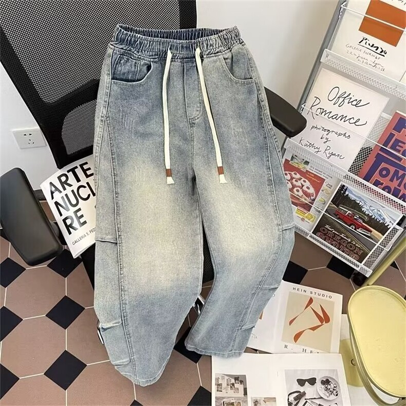 1506-1/K东方服饰6331/P47复古直筒松紧腰牛仔裤男松抽绳阔腿长裤图片