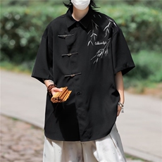 夏季新中式竹叶字母刺绣半袖翻领衬衣男宽松短袖衬衫C005，男装衬衫，星座1116A-1（原606A）