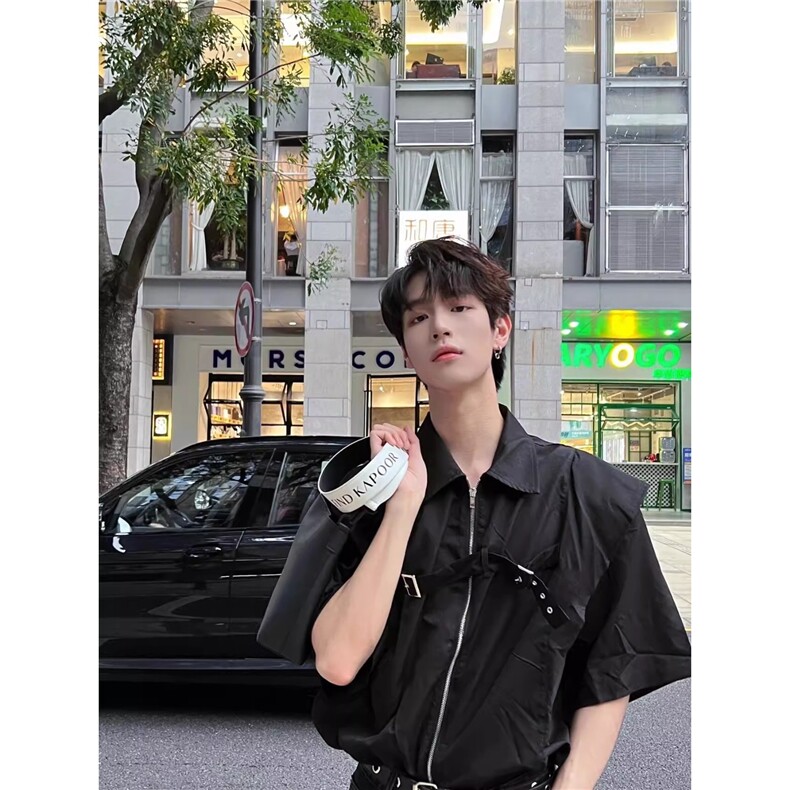 夏季假两件短袖衬衫男潮牌美式高级感韩系小众拉链五分袖衬衣外套，男装衬衫，星座506A