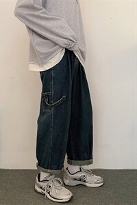 春季港风文艺工装日系宽松休闲口袋男牛仔裤坠感直筒阔腿裤老爹裤图片