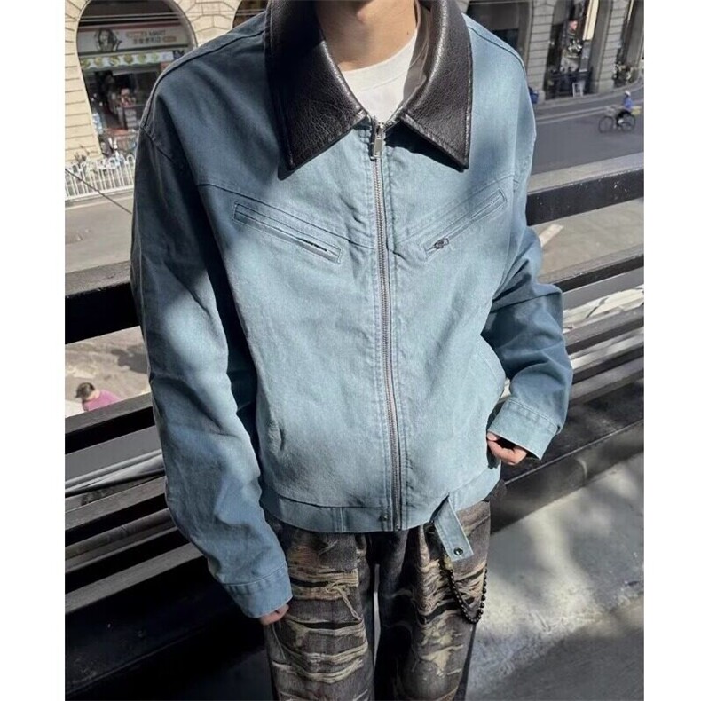 工装外套水洗做旧2025春秋高级感拼接翻领短款夹克男JKK23P100图片