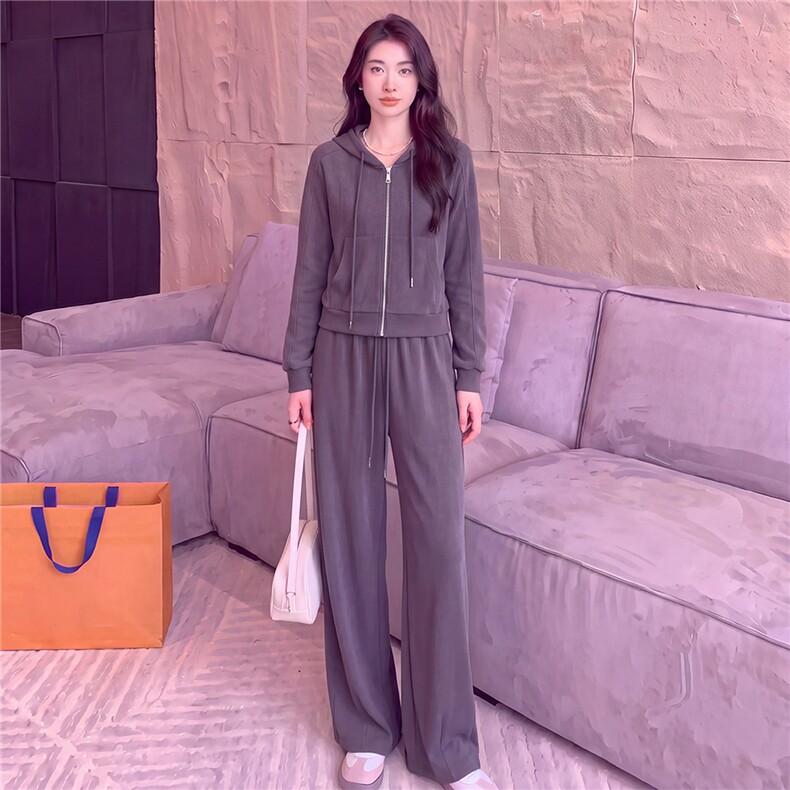 女春秋新款时尚慵懒风套装灰色拉链开衫连帽长袖外套阔腿裤两件套图片