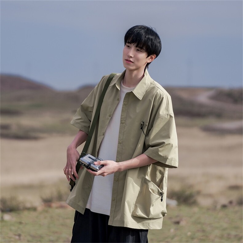 B225-C6090-P58-X75日系户外衬衫男短袖夏季薄款透气潮流痞帅宽松,男装T恤,电商B225
