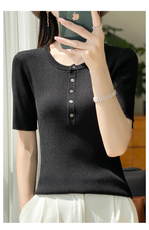 圆领坑条曲竹冰丝针织短袖女纯色纽扣半袖T恤宽松亮丝上衣打底衫，女装T恤，九嘉羊绒