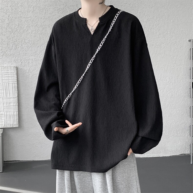 2026春季新款新款V领纹理感大码长袖T恤男打底衫T51121特P24控48，男装T恤，电商A001