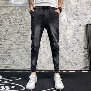 新夏社会精神小伙松紧腰韩版修身牛仔裤男休闲九分裤2,裸色黑色连衣裙搭配图片