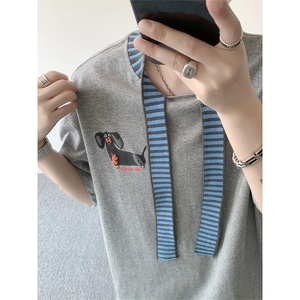 8XL-M 纯棉复古拼接假领带设计短袖美式T恤男重工情侣上衣潮DX341图片