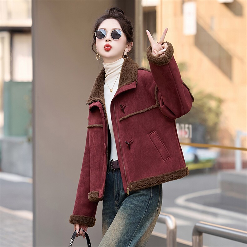 皮毛一体羊羔毛外套女冬2026新款仿鹿皮绒短款加绒加厚机车服上衣,女装棉衣/棉服,蓝诺裳