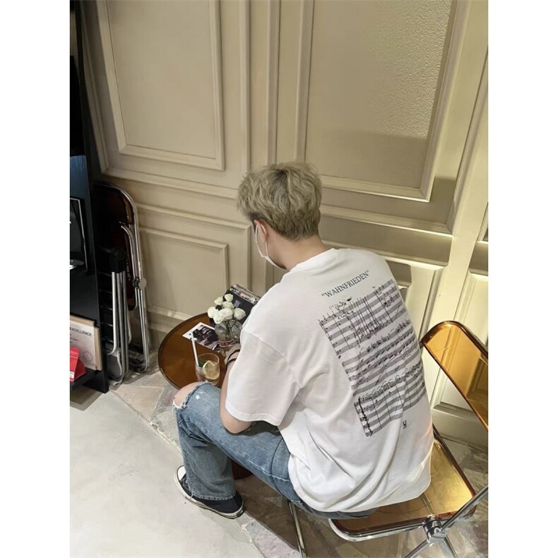 1506/QC15400/P40美式街头潮牌重磅纯棉自主名作黑白人像乐谱短袖,男装T恤,星座1506