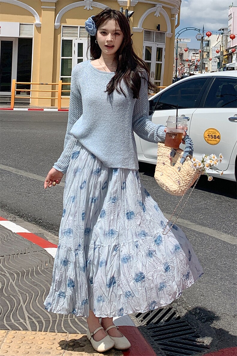 韩系蓝色针织衫碎花半身裙套装女2025春季新款高级感气质两件套潮,女装套装/套裙,浙宝305
