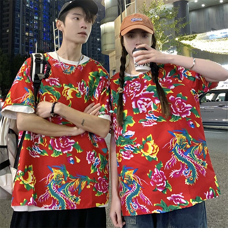 HT203夏情侣东北大花民族风牡丹花圆领短袖T恤青少年大码男女潮,男装T恤,星座115A(原星座507）