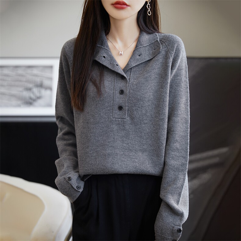 半高领羊毛衫女秋冬季新款宽松套头纯色长袖内搭打底慵懒风半开扣,女装羊毛衫,朝思羊绒