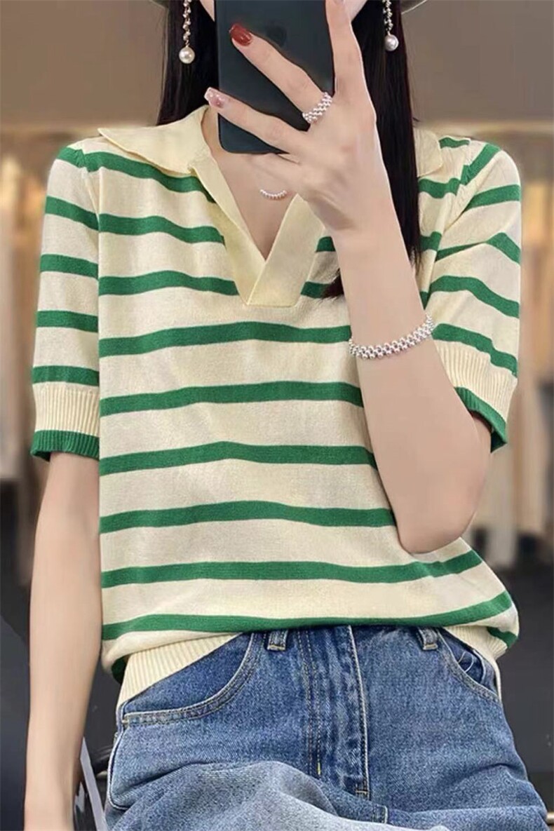 POLO领精纺羊毛短袖女条纹时尚拼色夏装新款百搭套头背心薄款上衣,针织衫/毛衣,萱芳婷羊绒