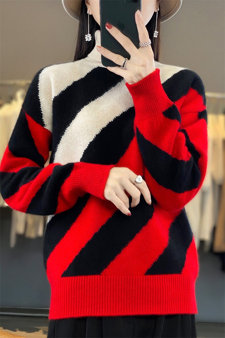 高领毛衣女2024秋冬新款女装内搭洋气条纹打底衫休闲,女装羊毛衫,蒙特羊绒
