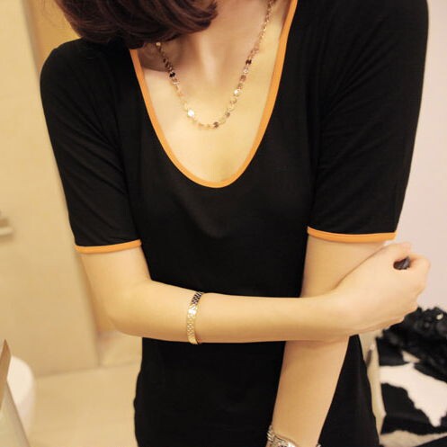 时尚修身显瘦V领短袖T恤女夏季新款韩版百搭打底衫上衣，女装T恤，秋牧寒烟