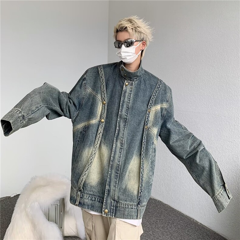 春秋美式高街复古拼接感宽松牛仔外套男女痞帅机车夹克W6666-P69,男装工装外套,星座412-3