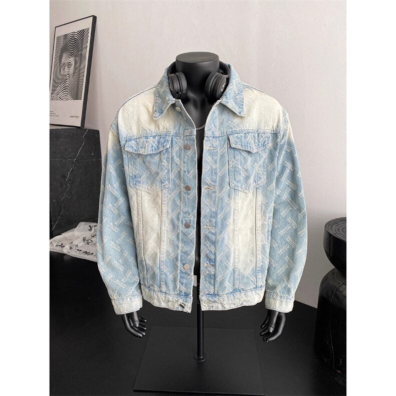 水洗提花牛仔夹克美式潮牌翻领工装外套休闲上衣 JK3572 特P74图片